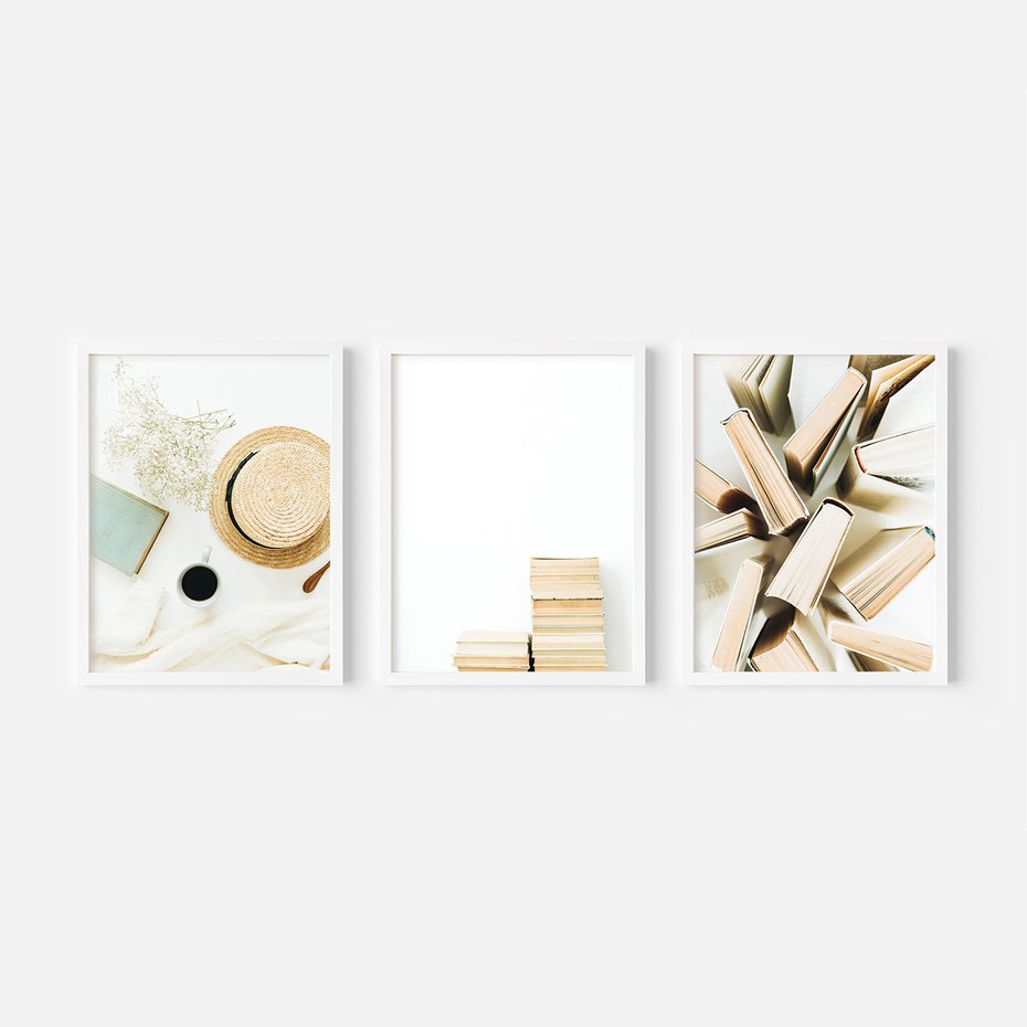 Zestaw obrazy w ramie, plakaty - książki, kapelusz, kwiaty - rama biała