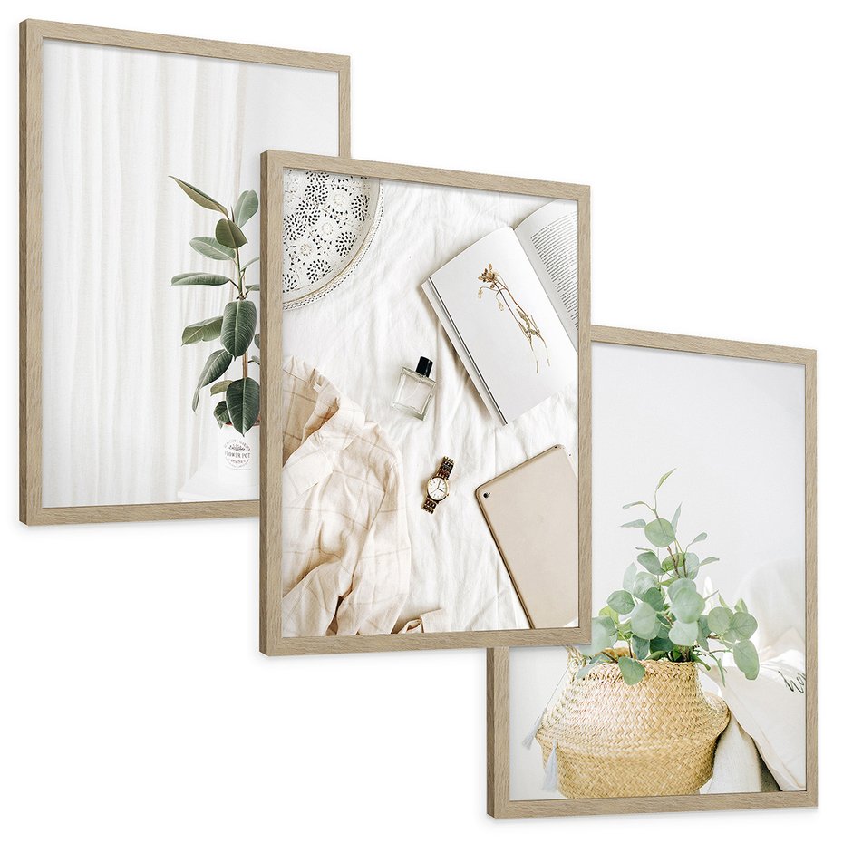 Zestaw obrazy w ramie, plakaty - rośliny, wnętrze, dekoracje - rama drewno