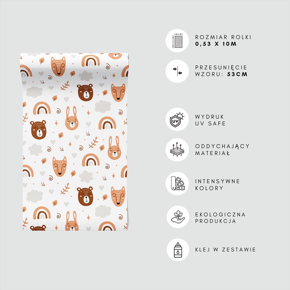 Tapeta - dziecięca, zwierzęta, chmury, liście