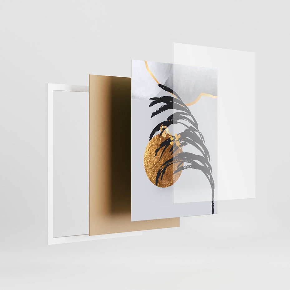 Zestaw obrazy w ramie, plakaty - liście, abstrakcja, złoto - rama biała