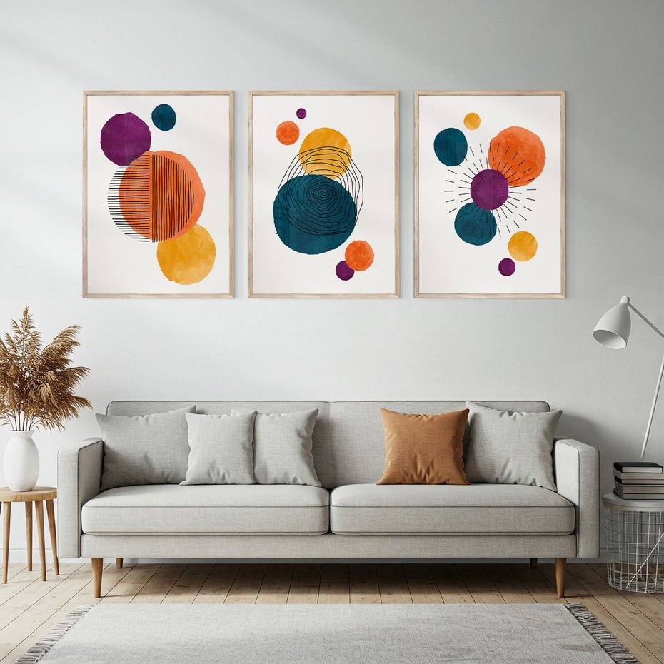 Zestaw obrazy w ramie, plakaty - abstrakcja, grafika, nowoczesne - rama drewno