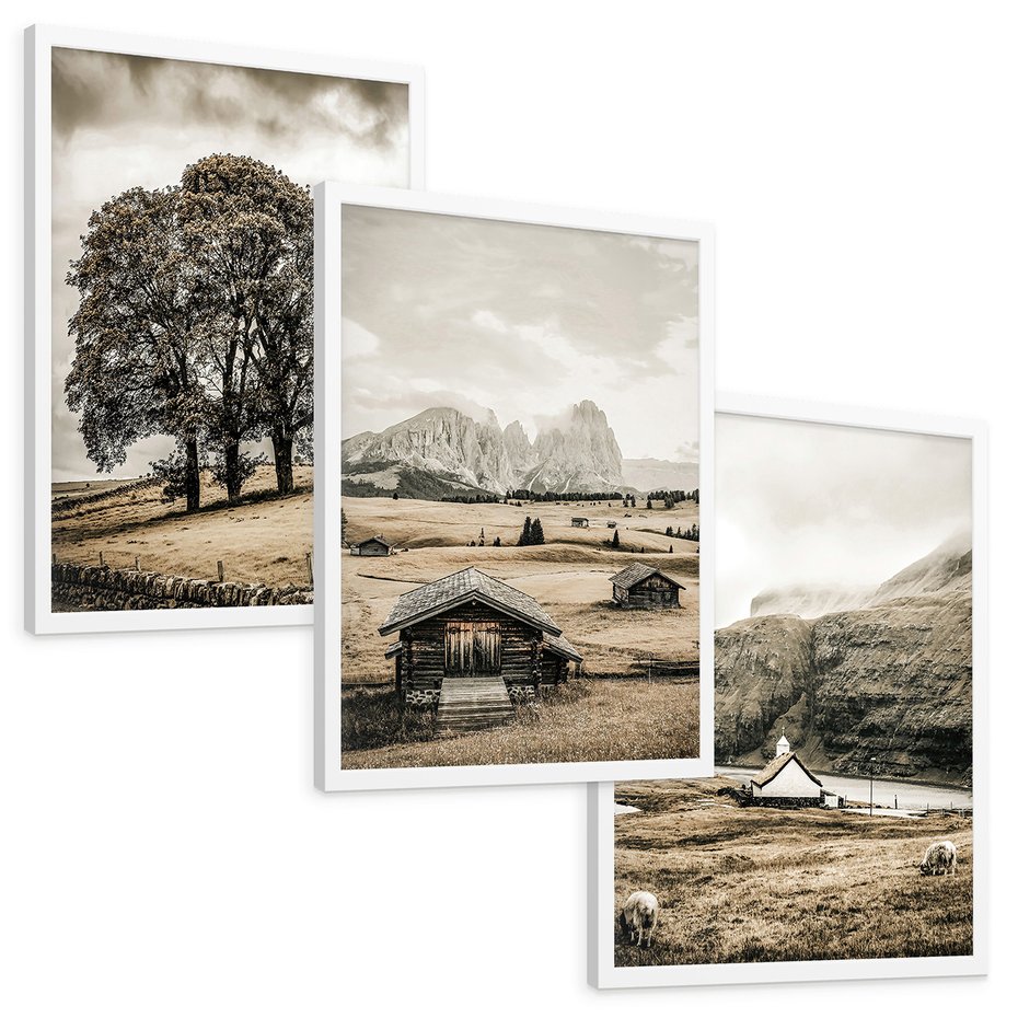 Zestaw obrazy w ramie, plakaty - krajobraz, góry, drzewa - rama biała
