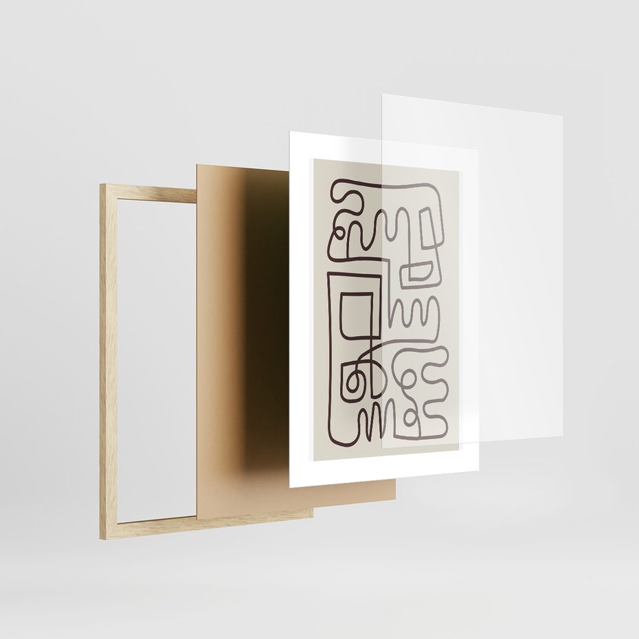 Zestaw obrazy w ramie, plakaty - abstrakcja,linie,figury - rama drewno