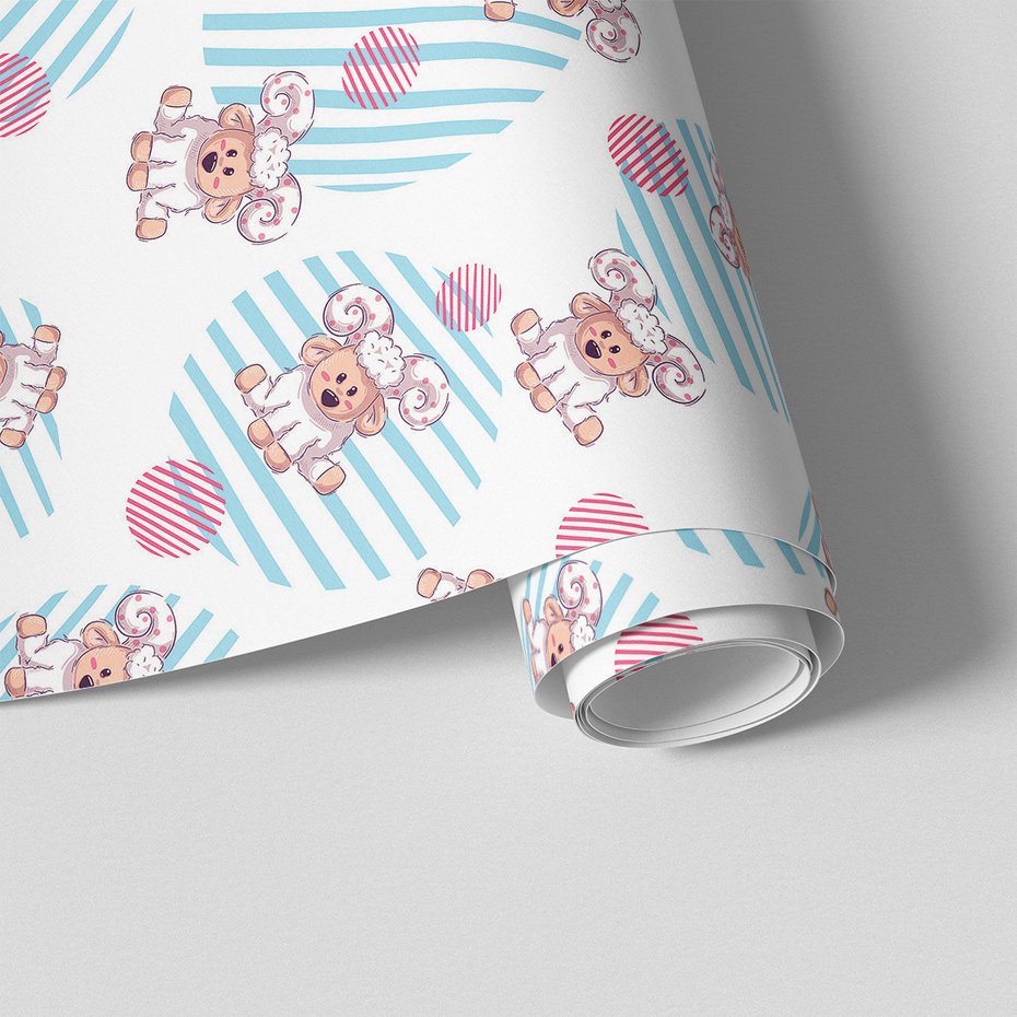 Tapeta - dziecięca, owca, paski, kółka