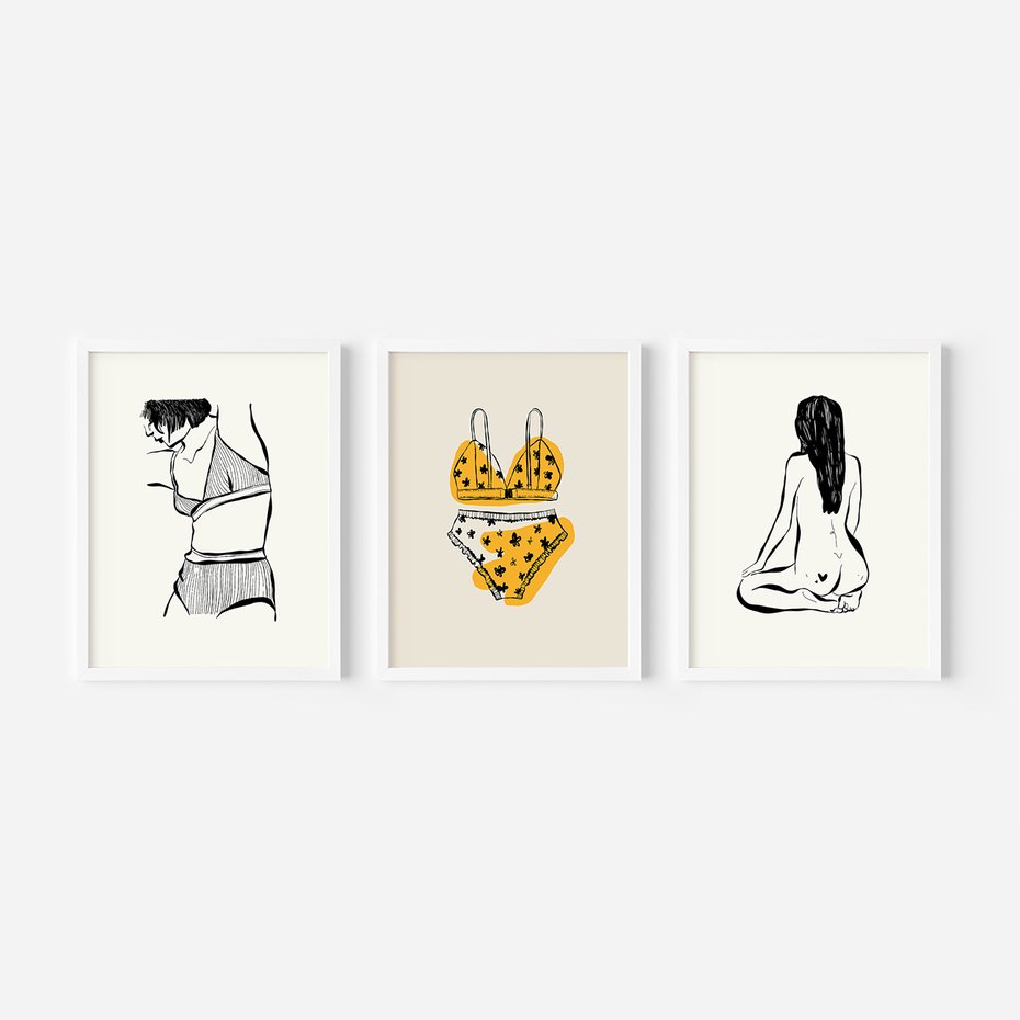 Zestaw obrazy w ramie, plakaty - kobieta, bielizna, ciało - rama biała