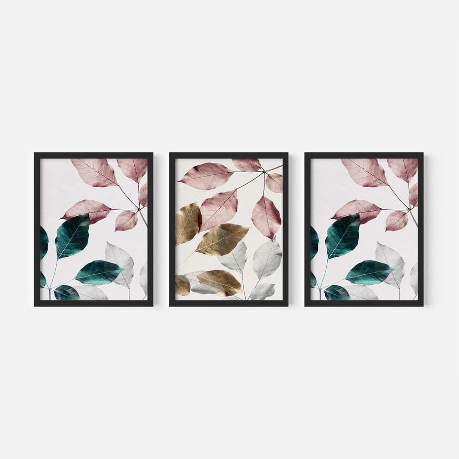 Zestaw obrazy w ramie, plakaty - liście, pastelowe, botaniczne - rama czarna