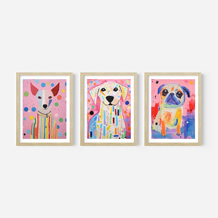 Zestaw obrazy w ramie, plakaty - zwierzęta, psy, kolorowe - rama drewno