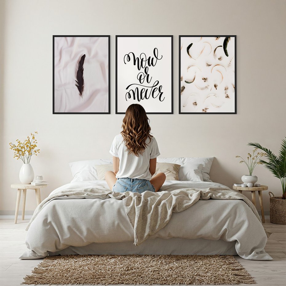 Zestaw obrazy w ramie, plakaty - pióro, minimalizm, tło - rama czarna