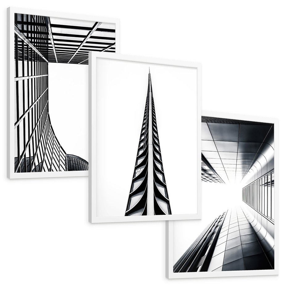 Zestaw obrazy w ramie, plakaty - architektura, budynki, miejski - rama biała