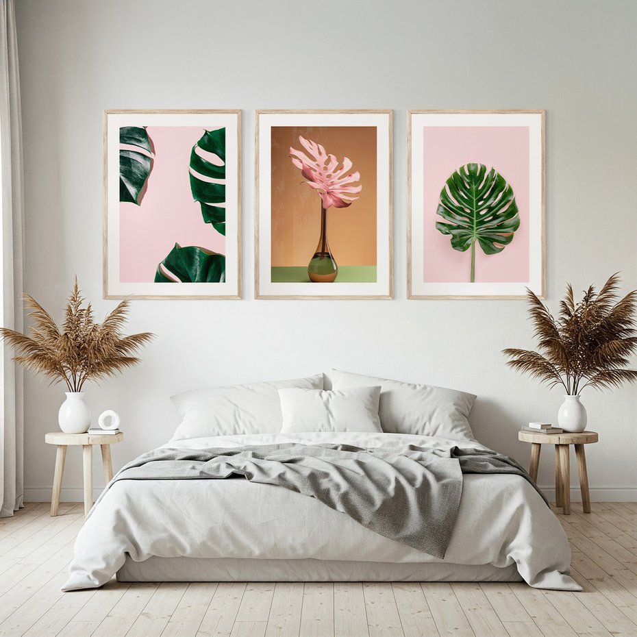 Zestaw obrazy w ramie, plakaty - monstera, liście, roślina - rama drewno