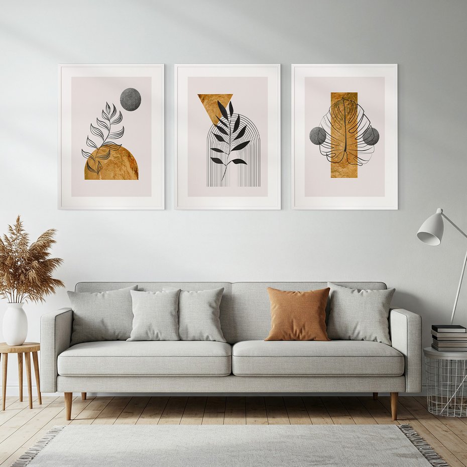 Zestaw obrazy w ramie, plakaty - liście, abstrakcja, złoto - rama biała