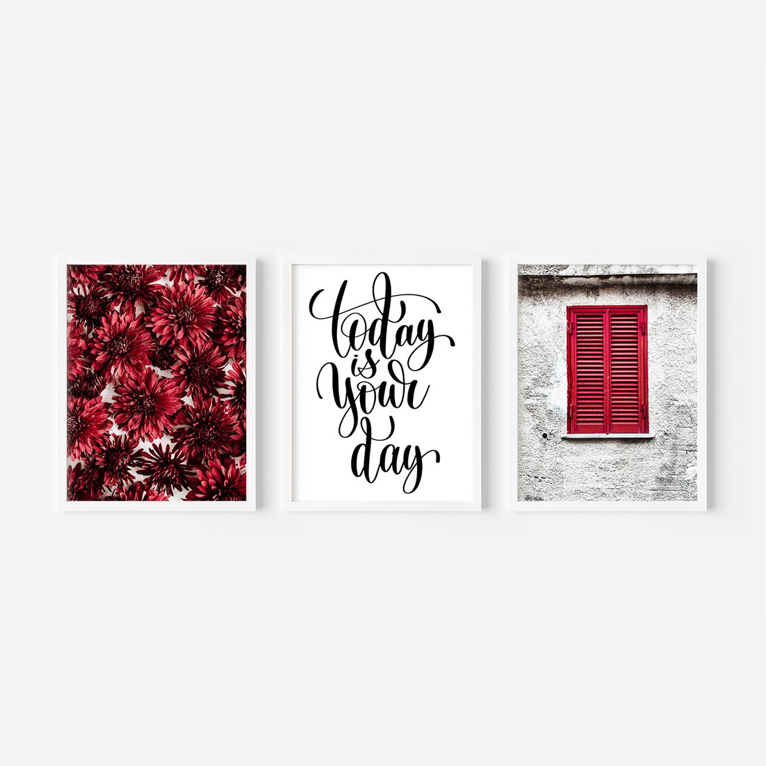 Zestaw obrazy w ramie, plakaty - kwiaty, okno, typografia - rama biała