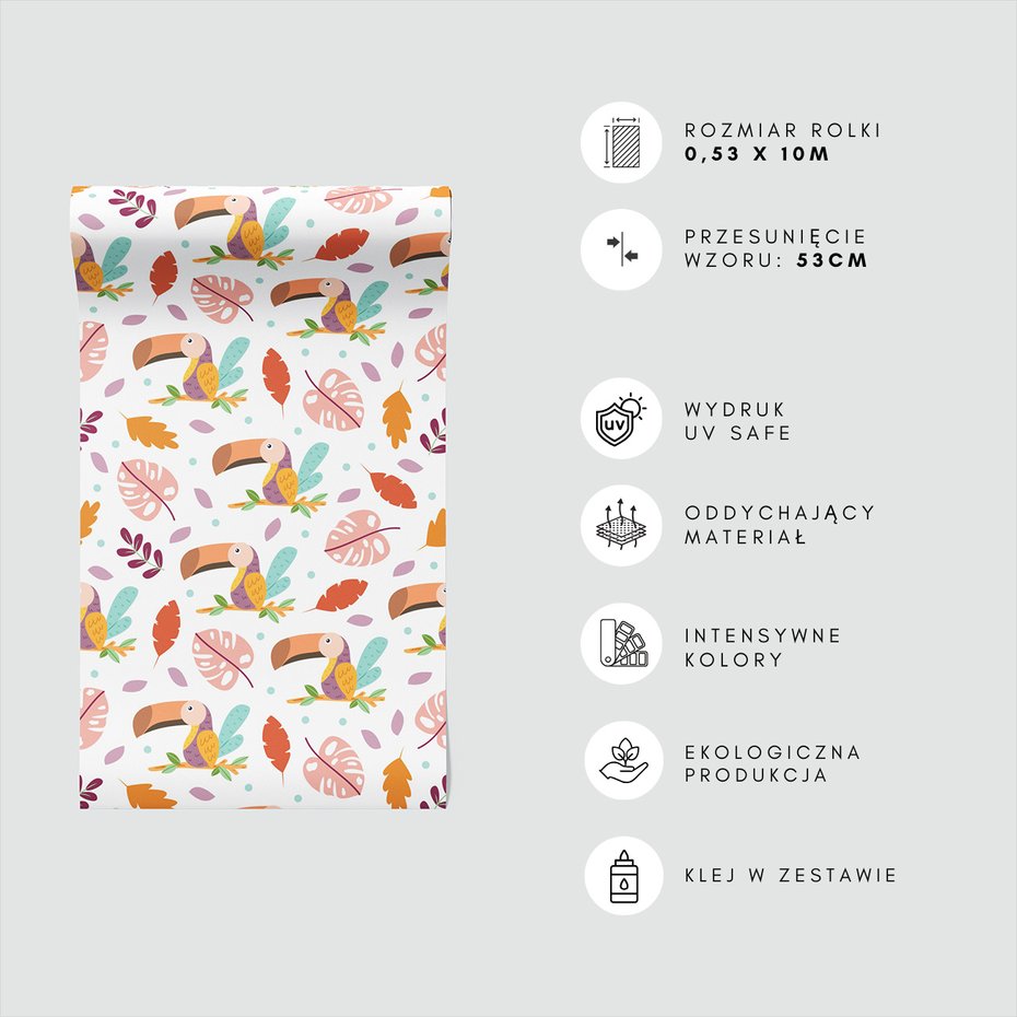 Tapeta - dziecięca, tukany, liście, gałąź