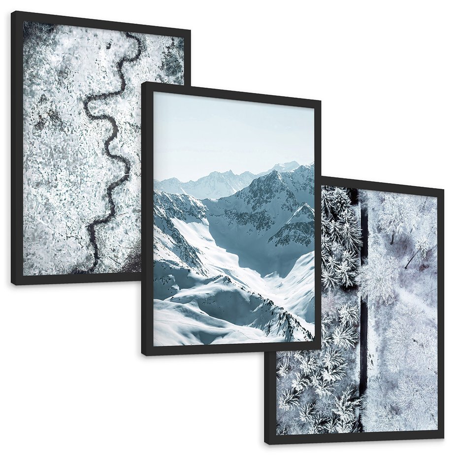 Zestaw obrazy w ramie, plakaty - zima, śnieg, góry - rama czarna