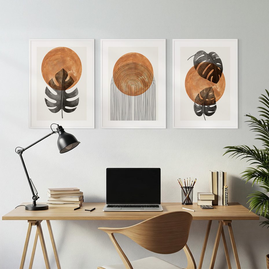 Zestaw obrazy w ramie, plakaty - liście, abstrakcja, okrąg - rama biała