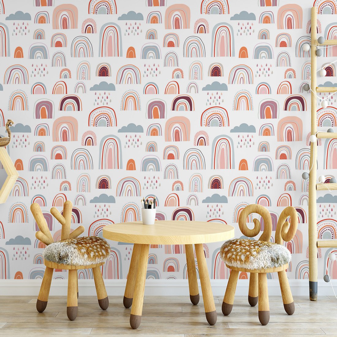 Tapeta - dziecięca, tęcza, chmura, kropelki