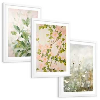 Zestaw obrazy w ramie, plakaty - kwiaty, rośliny, pastelowe - rama biała