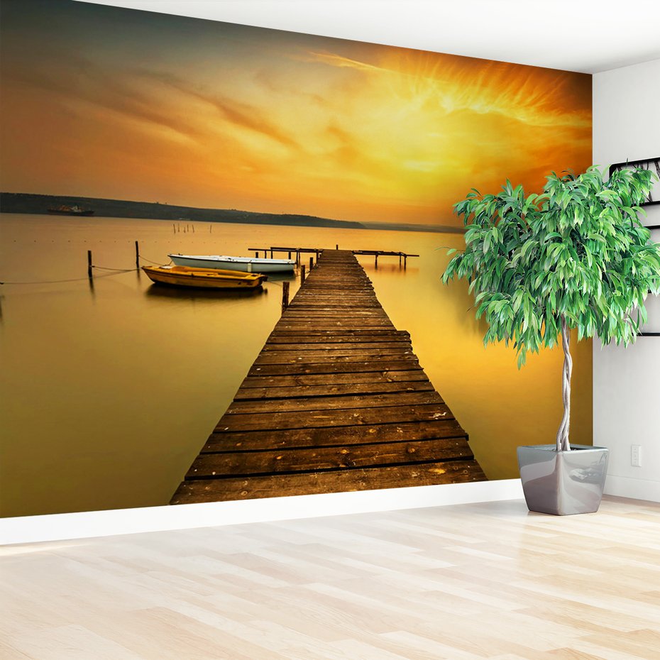 Fototapeta - jezioro, pomost, łodzie