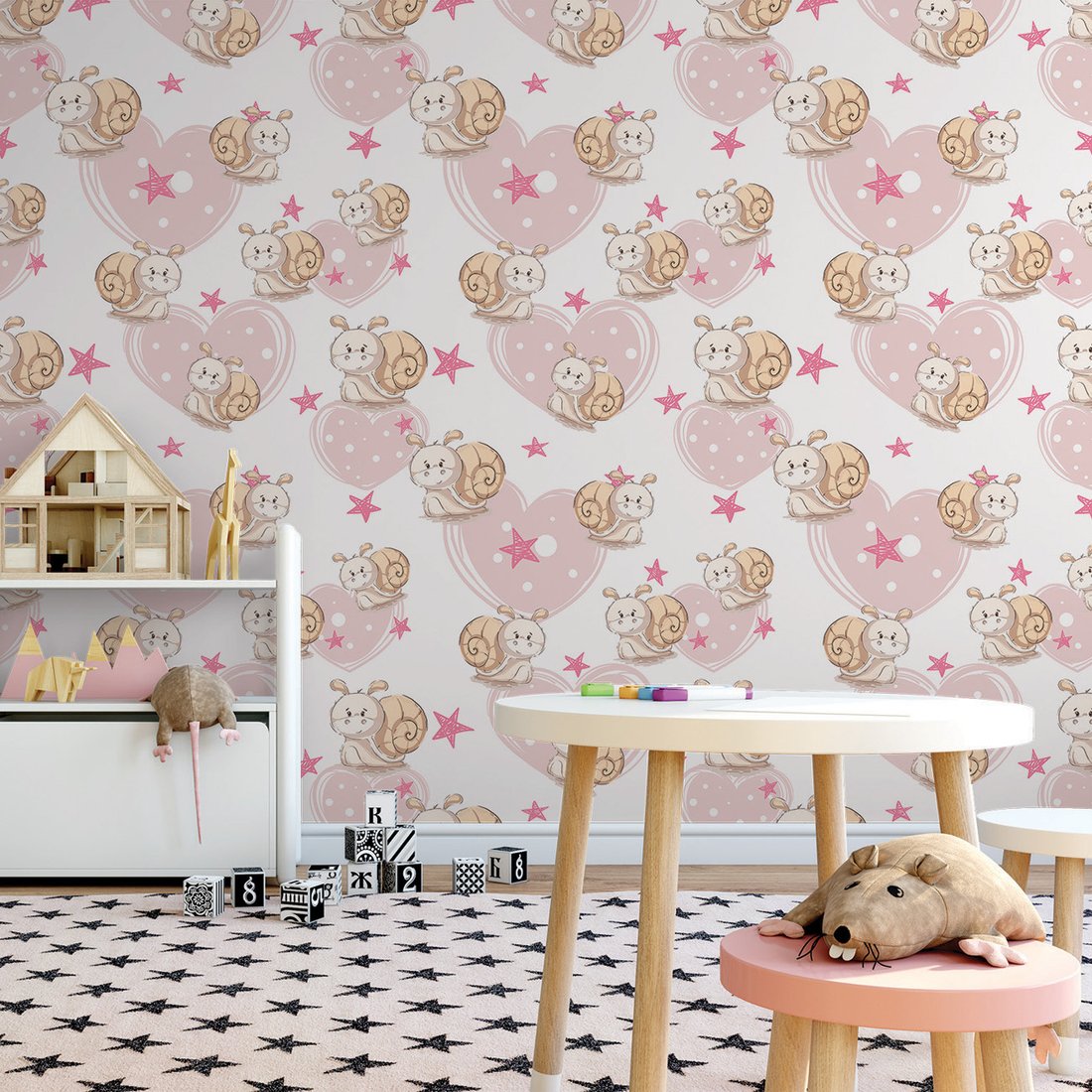 Tapeta - dziecięca, ślimak, serce, gwiazda