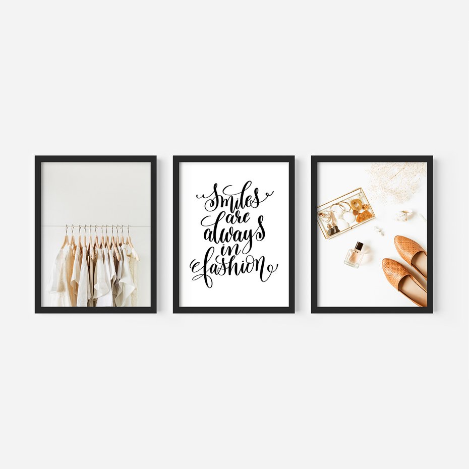 Zestaw obrazy w ramie, plakaty - ubrania, akcesoria, minimalizm - rama czarna