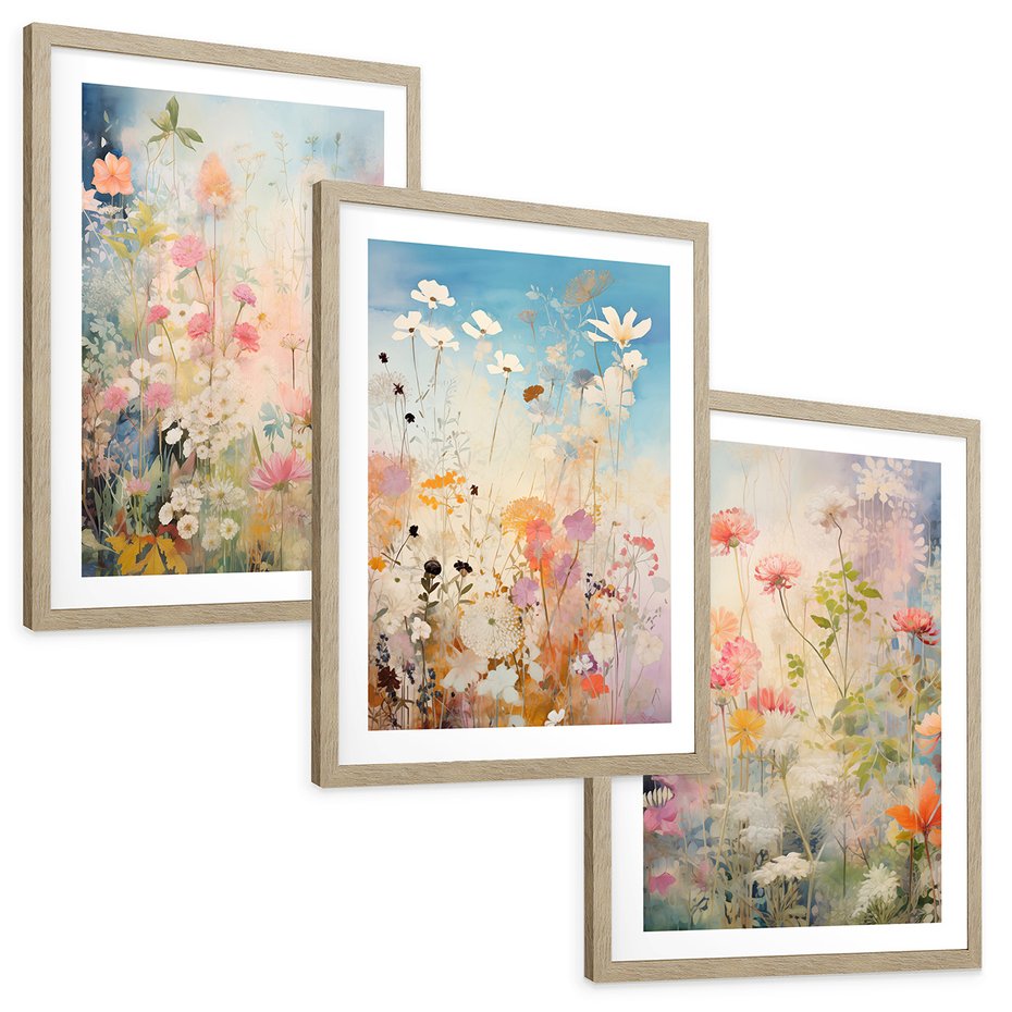 Zestaw obrazy w ramie, plakaty - kwiaty, rośliny, delikatne - rama drewno