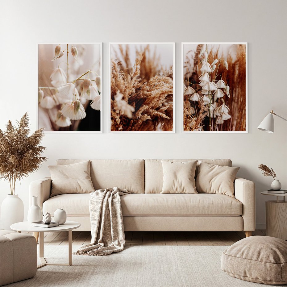 Zestaw obrazy w ramie, plakaty - kwiaty, trawa, pampasowa - rama biała