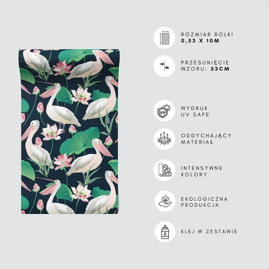 Tapeta - pelikan, kwiat, liście