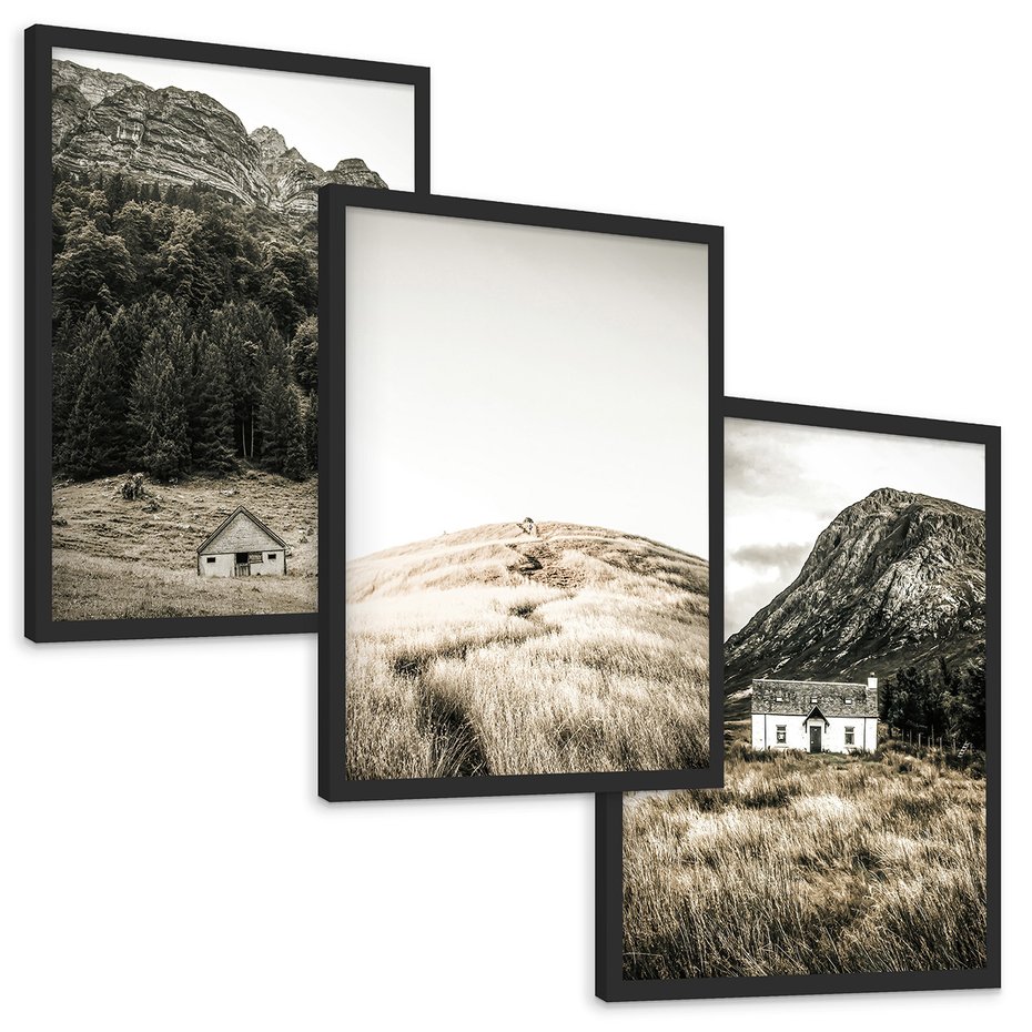 Zestaw obrazy w ramie, plakaty - góry, domy, krajobraz - rama czarna