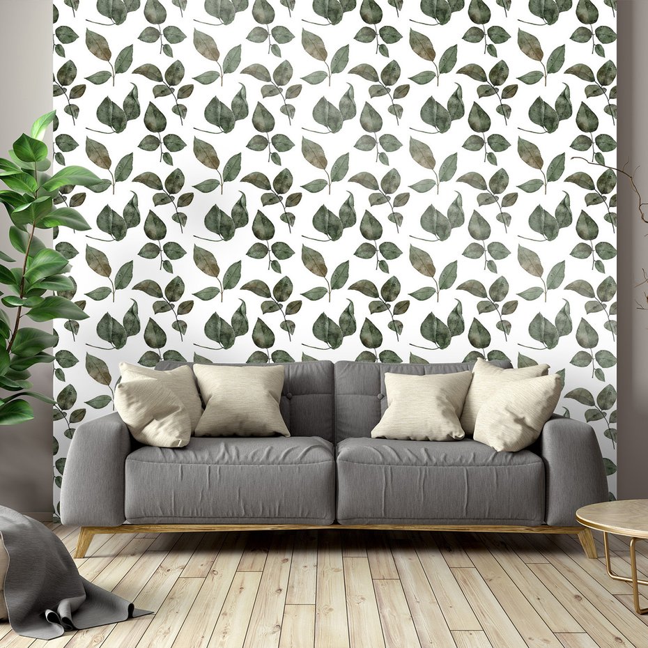 Tapeta - liście, gałązki, akwarela