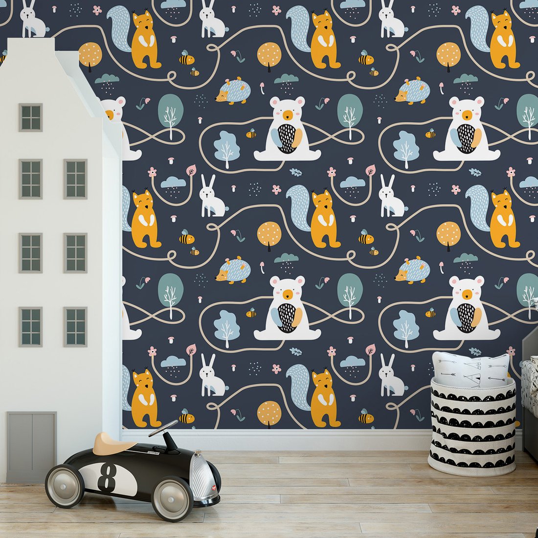 Tapeta - dziecięca, zwierzęta, las, wzór