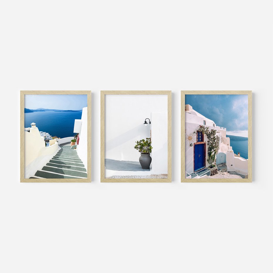 Zestaw obrazy w ramie, plakaty - Santorini, architektura, morze - rama drewno