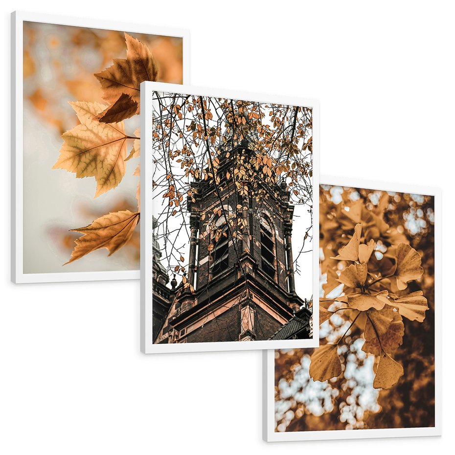 Zestaw obrazy w ramie, plakaty - liście, jesień, budynek - rama biała