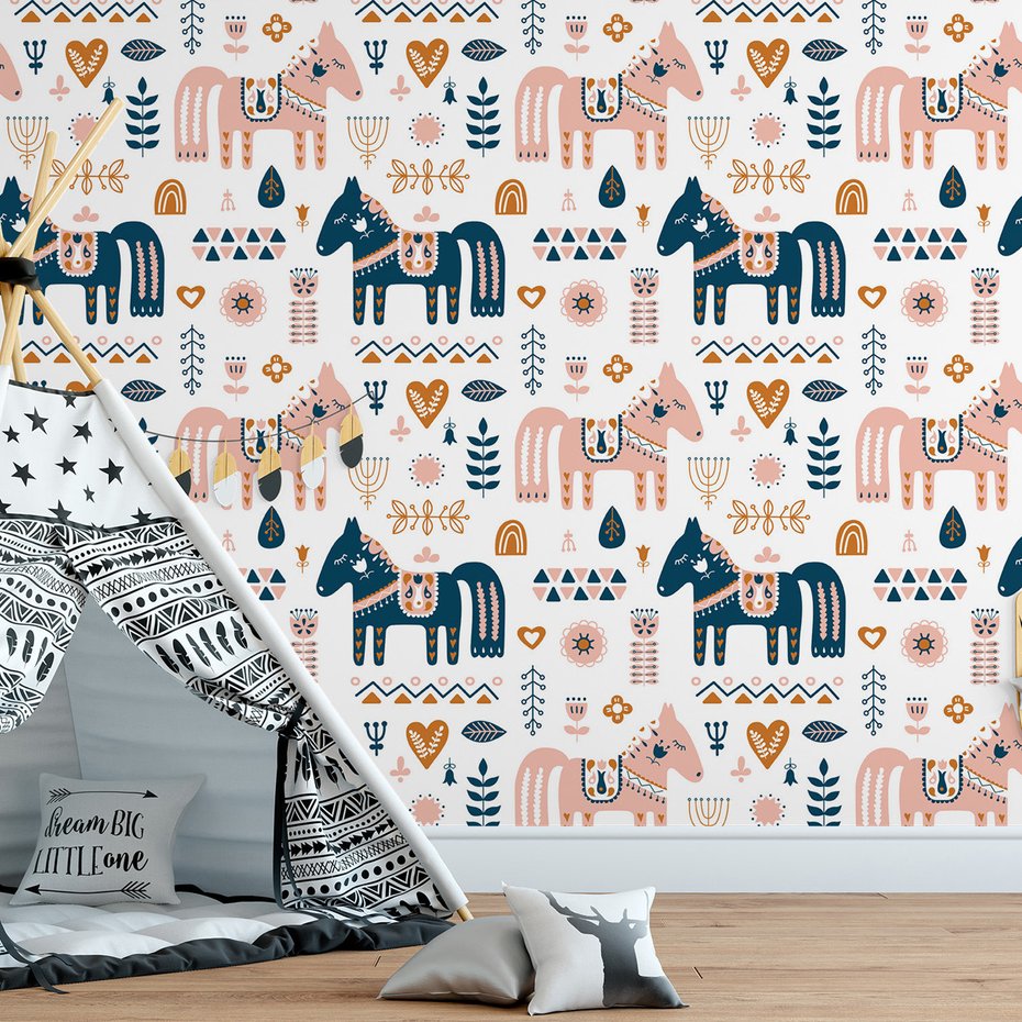 Tapeta - dziecięca, konie, kwiaty, ornamenty