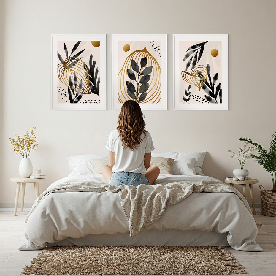 Zestaw obrazy w ramie, plakaty - liście, złoto, abstrakcja - rama biała