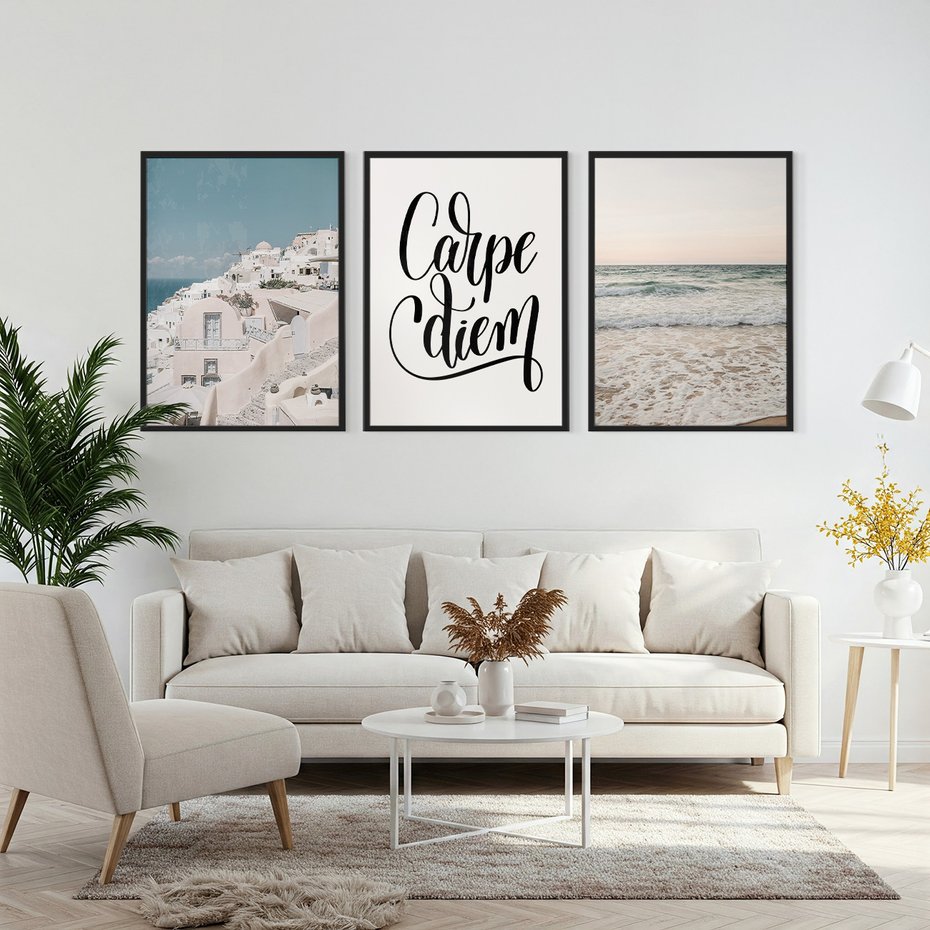 Zestaw obrazy w ramie, plakaty - architektura, morze, plaża - rama czarna