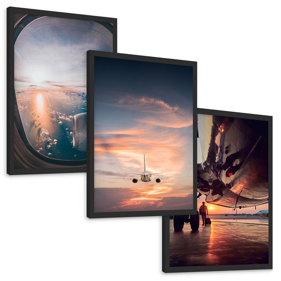 Zestaw obrazy w ramie, plakaty - samolot, niebo, podróż - rama czarna