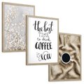 Zestaw obrazy w ramie, plakaty - kwiaty,kawa,tekst - rama drewno