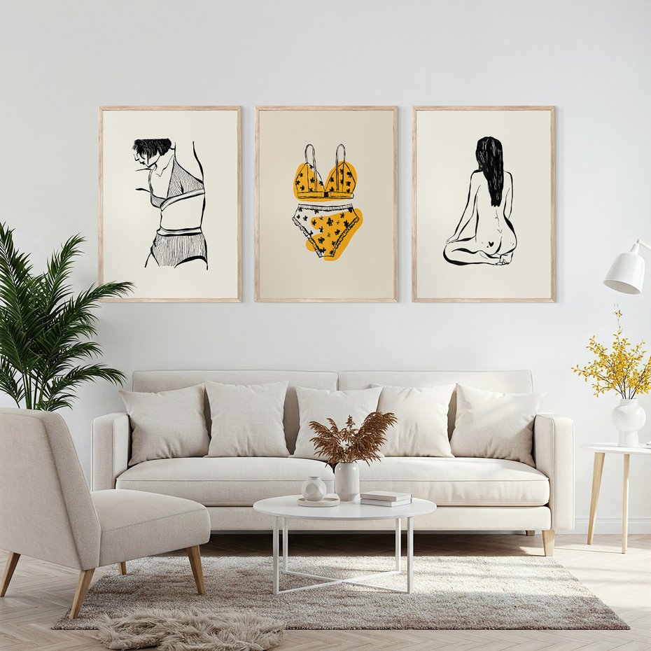 Zestaw obrazy w ramie, plakaty - kobieta, bielizna, ciało - rama drewno