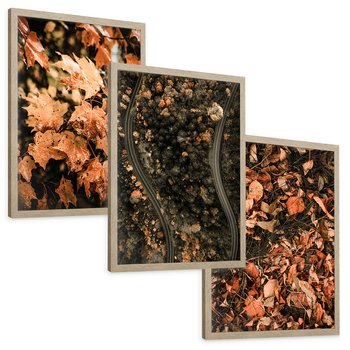 Zestaw obrazy w ramie, plakaty - liście, jesień, droga - rama drewno