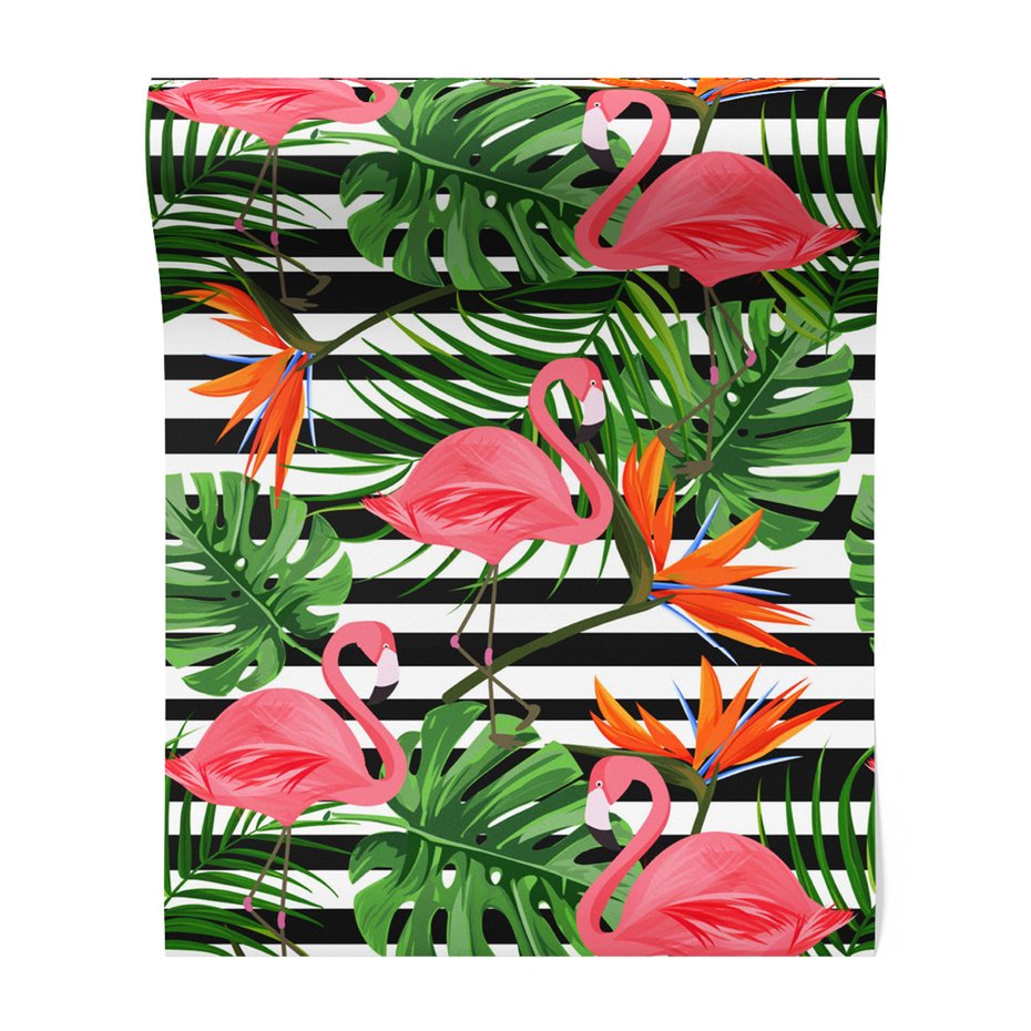 Tapeta - flamingi, liście, kwiaty