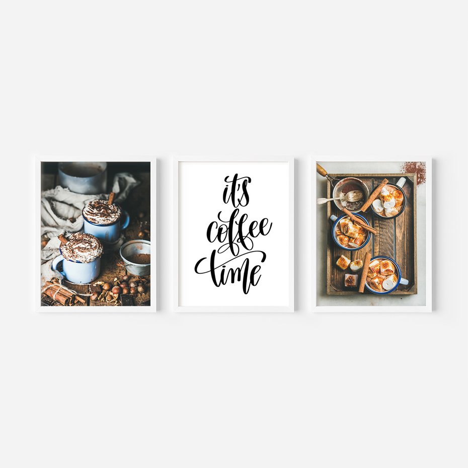 Zestaw obrazy w ramie, plakaty - kawa, kakao, napój - rama biała