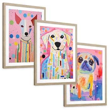 Zestaw obrazy w ramie, plakaty - zwierzęta, psy, kolorowe - rama drewno