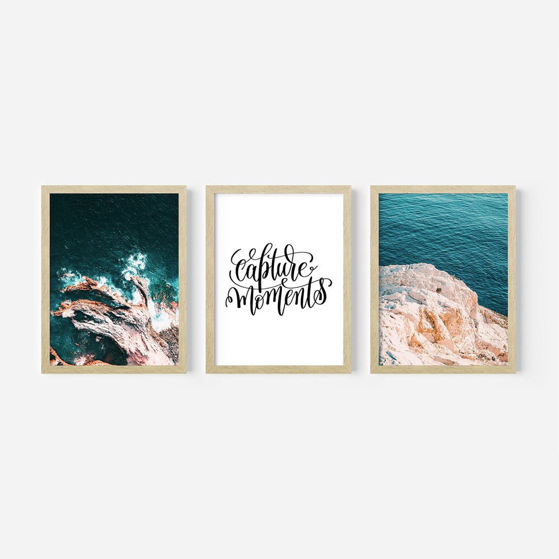 Zestaw obrazy w ramie, plakaty - morze, skały, ocean - rama drewno