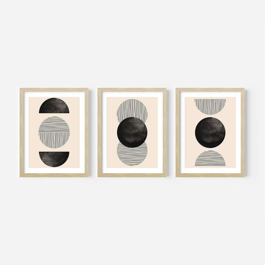 Zestaw obrazy w ramie, plakaty - abstrakcja, minimalizm, geometria - rama drewno