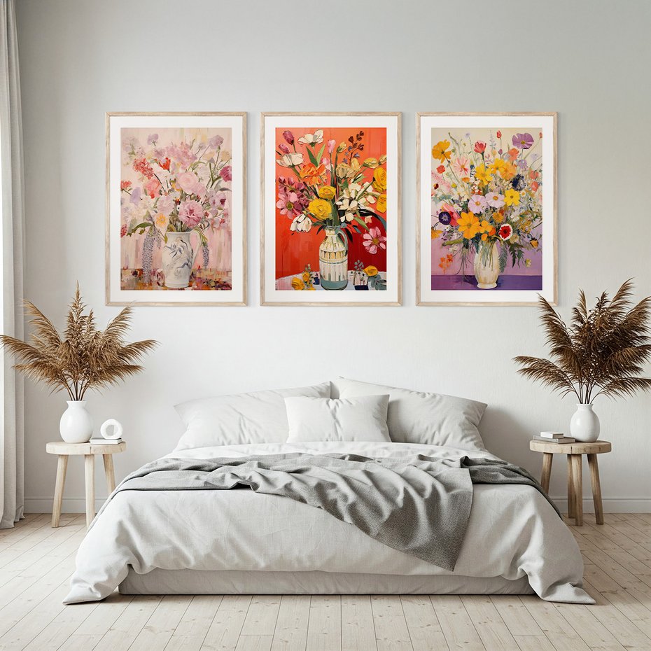 Zestaw obrazy w ramie, plakaty - kwiaty, wazon, bukiet - rama drewno