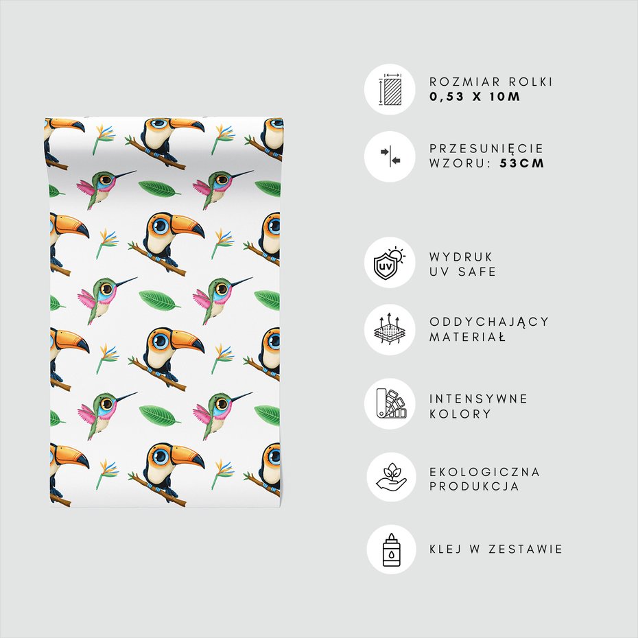 Tapeta - dziecięca, tukany, kolibry, liście