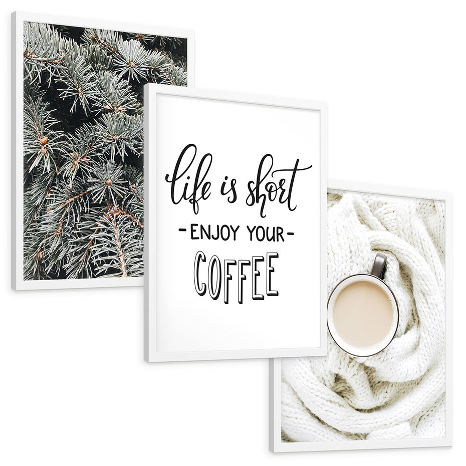 Zestaw obrazy w ramie, plakaty - igły, kawa, sweter - rama biała