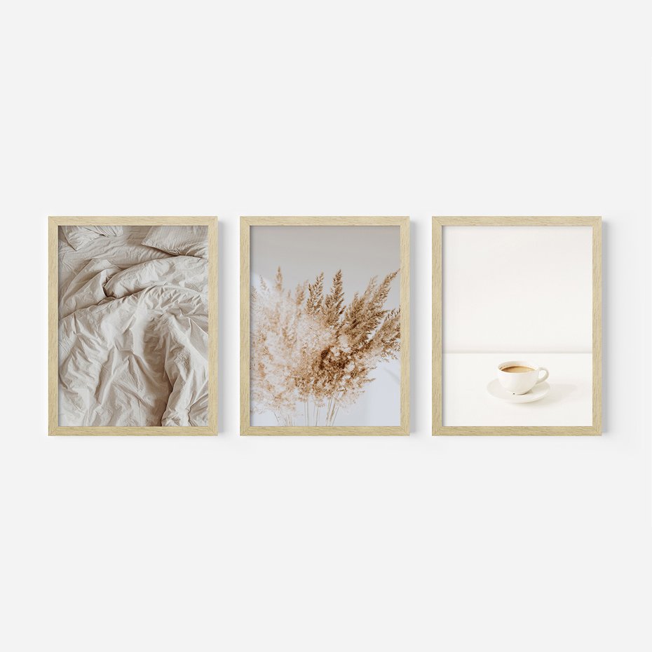 Zestaw obrazy w ramie, plakaty - beżowy, kawa, trawa - rama drewno