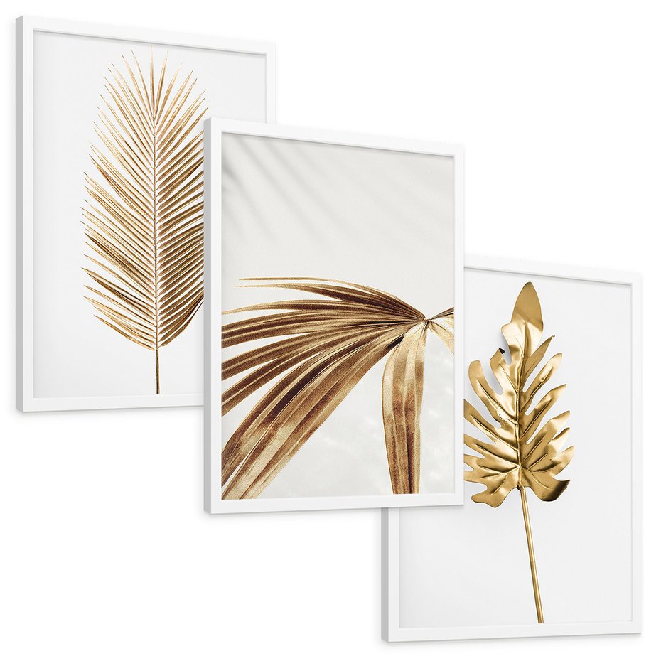 Zestaw obrazy w ramie, plakaty - liście, złoty, dekoracja - rama biała