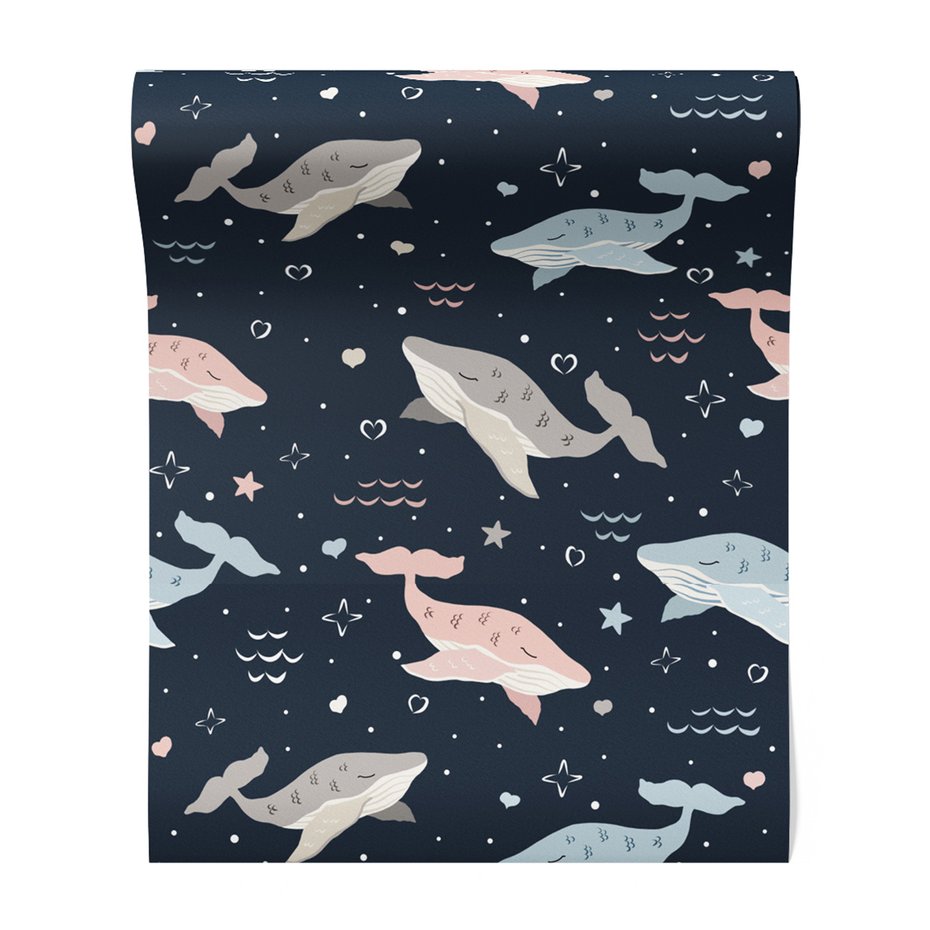 Tapeta - dziecięca, wieloryby, gwiazdy, serca